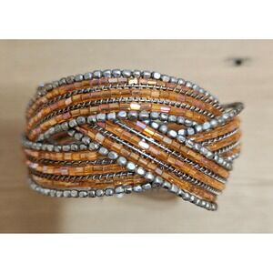 Beaded Cuff Bracelet‎ Orange Silver Tone Fashion Jewelry Statement Piece Vintage